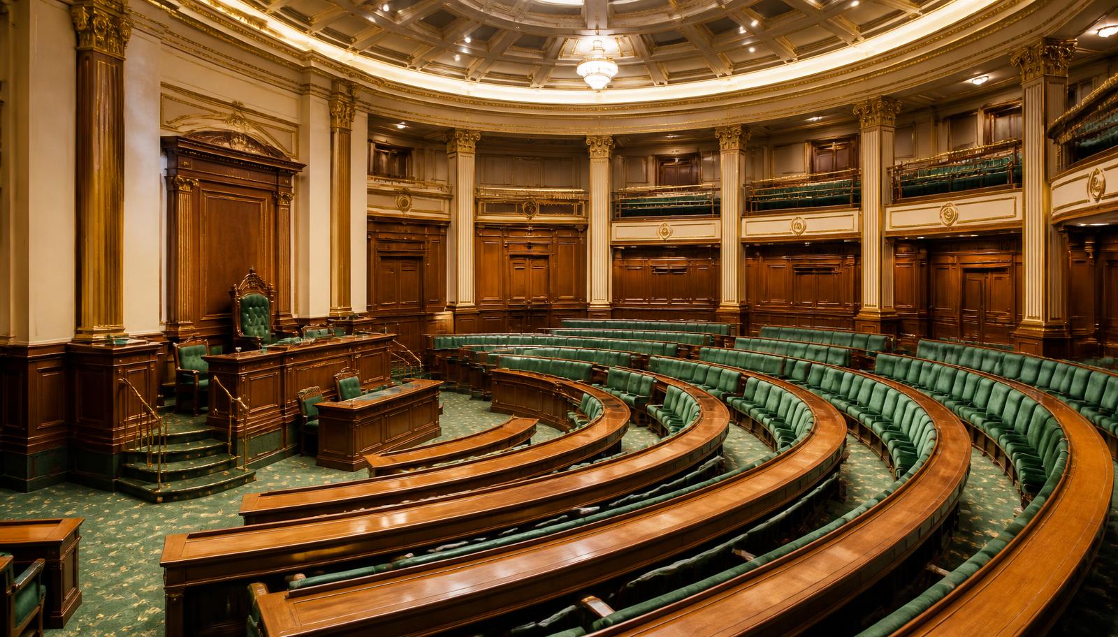 Legislative chamber with rows of green seats
